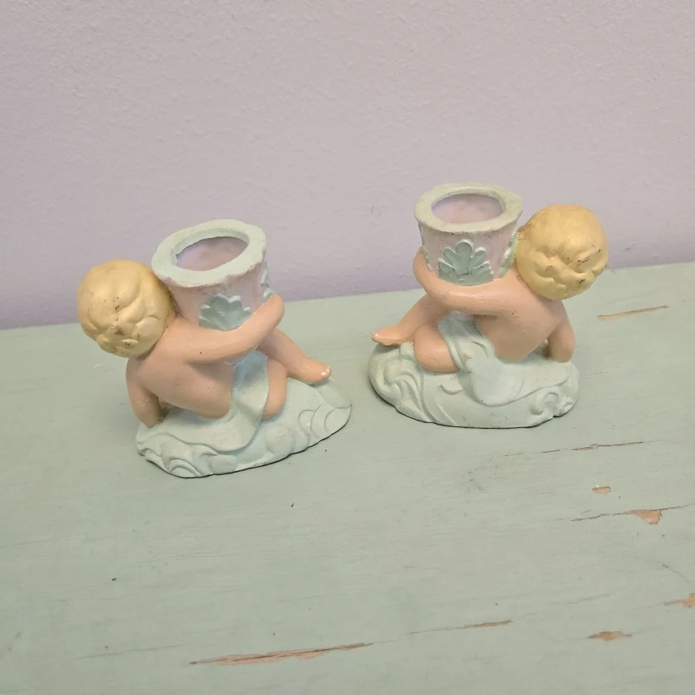 Cherub Candlestick Holders Pair Vintage